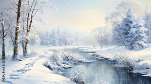 Winter peaceful landscape. Calmly flowing small river among snow-covered trees on frosty winter day. Large snowdrifts and mountains. Copy space.