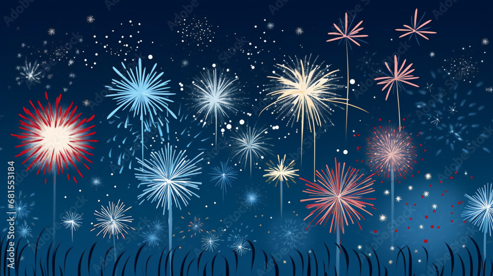 Fireworks illustration on blue background. Generative ai. Fireworks illustration on blue background. Generative ai.