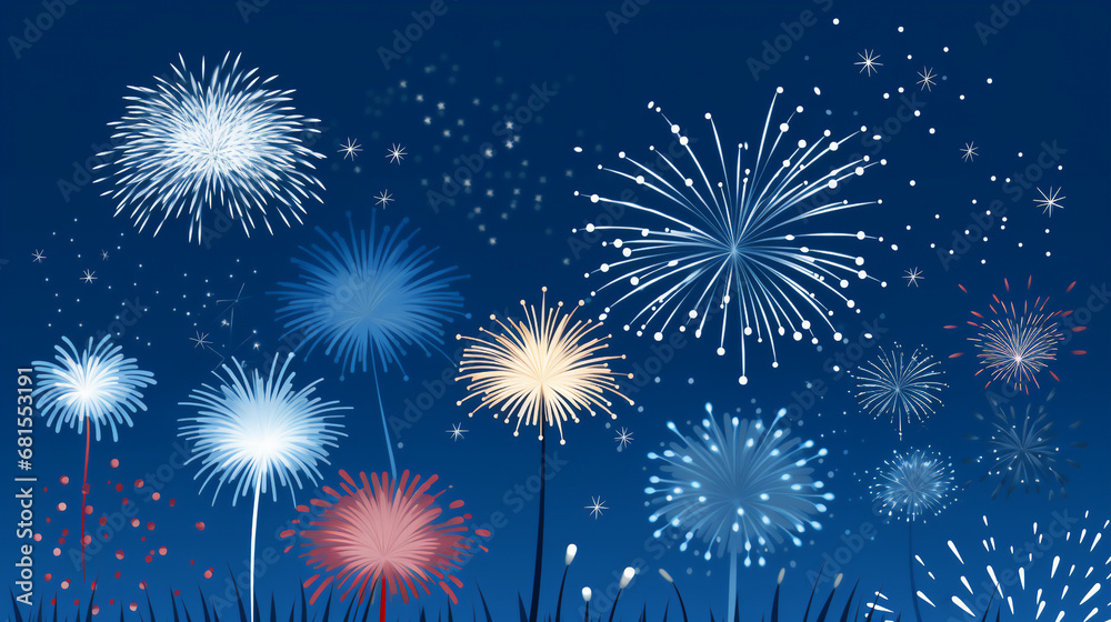 Fireworks illustration on blue background. Generative ai. Fireworks illustration on blue background. Generative ai.