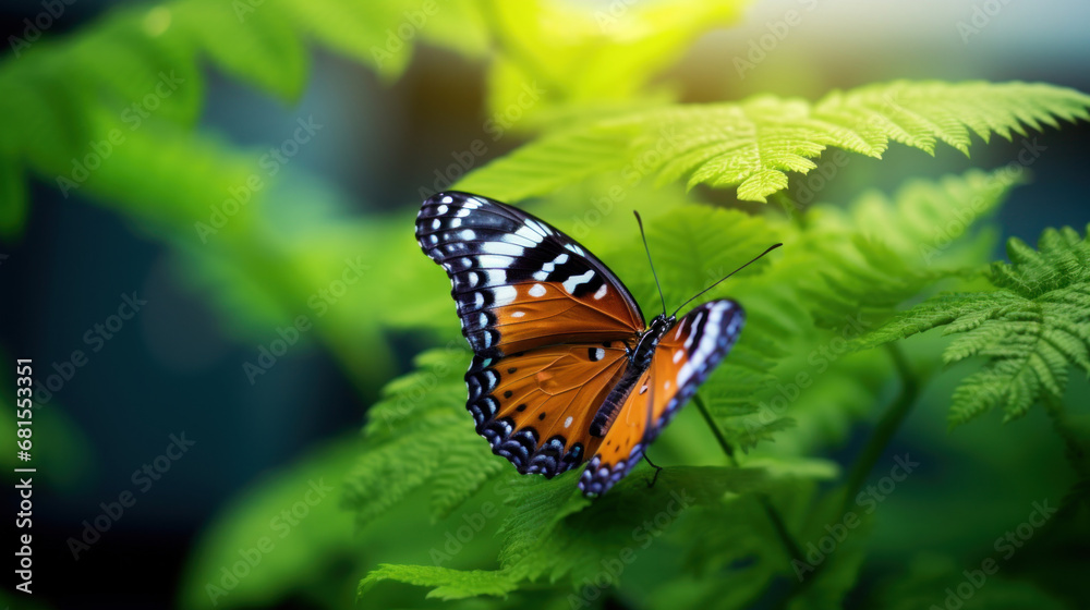 Fototapeta premium A beautiful close-up of a butterfly sitting on a green leaf