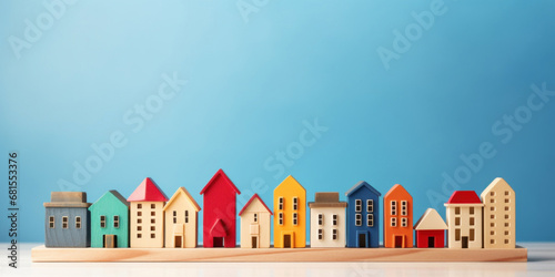 Small wooden toy colored houses on a blue background