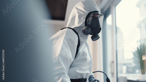 Pest control specialist in white special uniform and mask in the apartments photo
