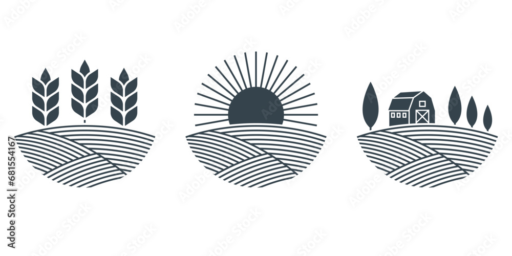 Farm, agriculture logo or icon with field, wheat, sun and barn house. Organic or eco food, nature, harvest symbol, label or badge design. Vector illustration. - obrazy, fototapety, plakaty 