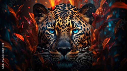 Portrait of a leopard with blue eyes in the style of surrealism. Close-up. Copy space.