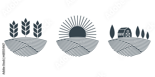 Farm, agriculture logo or icon with field, wheat, sun and barn house. Organic or eco food, nature, harvest symbol, label or badge design. Vector illustration.