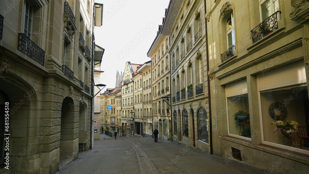 Fribourg, Switzerland Circa March 2022 - Quaint Street Scene in Traditional Fribourg Swiss Town, Picturesque Authentic Street Charm