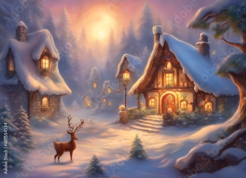 Houses in a snowy forest. New Year theme . Сhristmas scene.