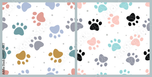 Seamless pattern cute animal footprint. Paw print pastel background. Design for kids apparel, cards, fabric, wallpaper. Vector Illustration