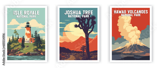 Hawaii Volcanoes, Isle Royale, Joshua Tree, National Park Illustration Art. Travel Poster Wall Art. Minimalist Vector art.