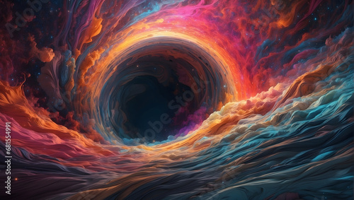 An otherworldly abstract scene resembling a cosmic portal with swirling, multicolored gradients reminiscent of interstellar space, accentuated by rough grain noise to evoke mystery and depth.