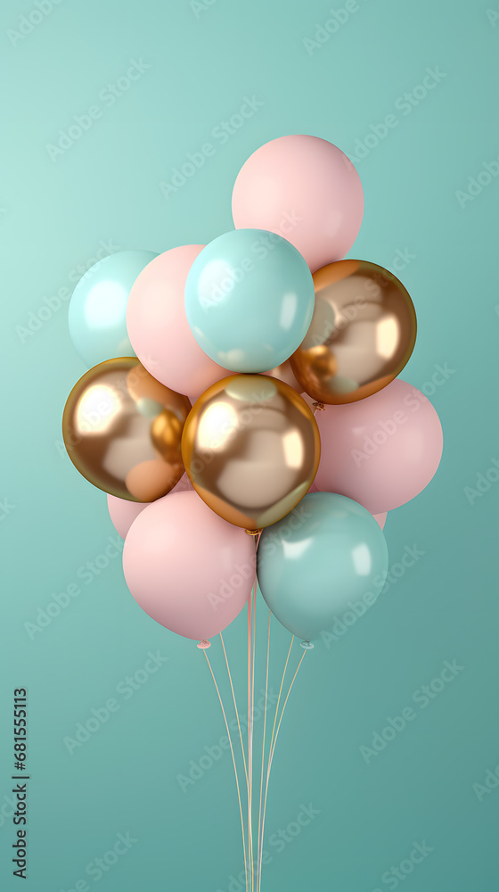 Pink, blue and golden balloons isolated on blue background Pink, blue and golden balloons isolated on blue background