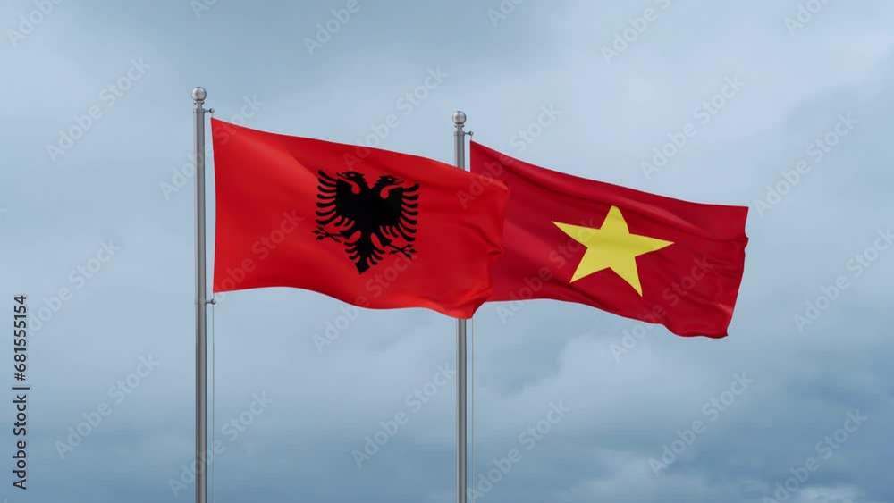 Vietnam and Albania flag waving together on cloudy sky, endless seamless loop Vietnam and Albania flag waving together on cloudy sky, endless seamless loop