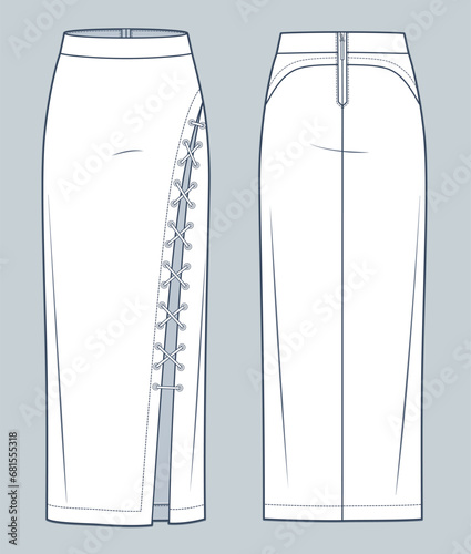 Lace Up Skirt technical fashion illustration. Maxi Skirt fashion flat technical drawing template, asymmetric, front slit, back zipper, slim fit, front and back view, white, women Skirt CAD mockup.