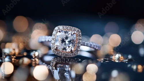 Jewelry diamond ring on a black background with bokeh photo