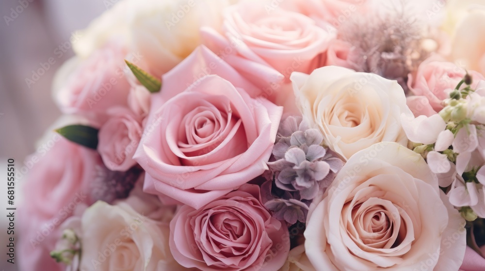 Wedding bouquet of white and pink roses, close up