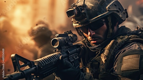 close up of soldier holding a gun war game