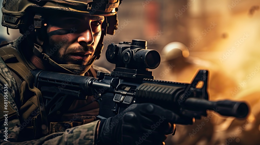 close up of soldier holding a gun war game