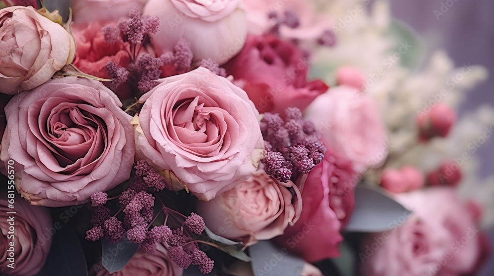 Fototapeta premium Bouquet of pink roses and lilac flowers, close up