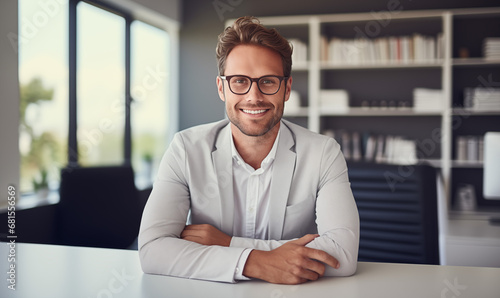 Confident Business Professional in Modern Office - Smiling Young Man with Glasses