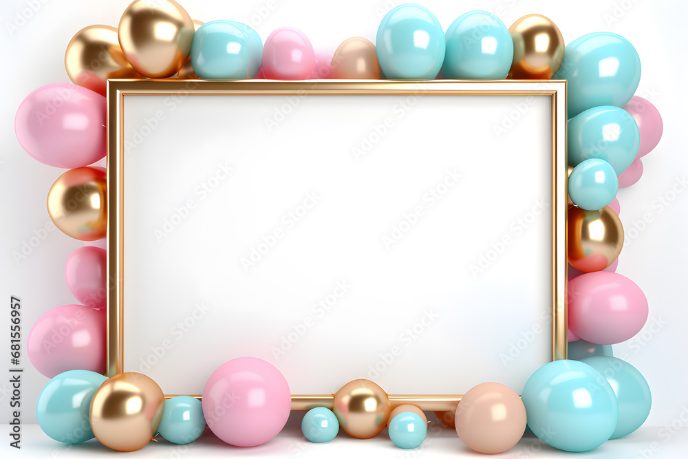 Golden Frame for photo or congratulation with pink balloons isolated on white background.
