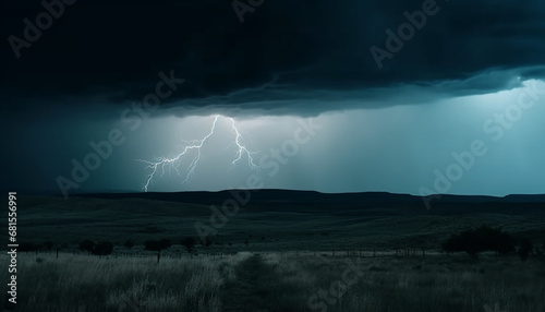 Electricity crackles through the ominous storm cloud in the night sky generated by AI