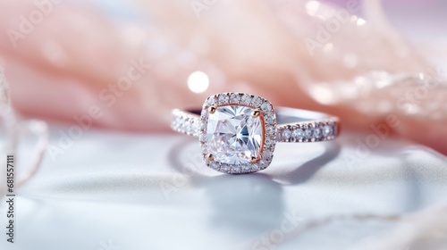 Wedding rings with diamonds on a white satin background photo