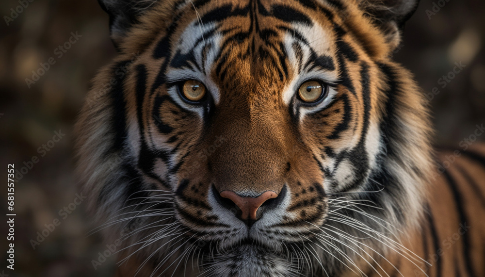 Bengal tiger staring, close up of majestic striped animal head generated by AI