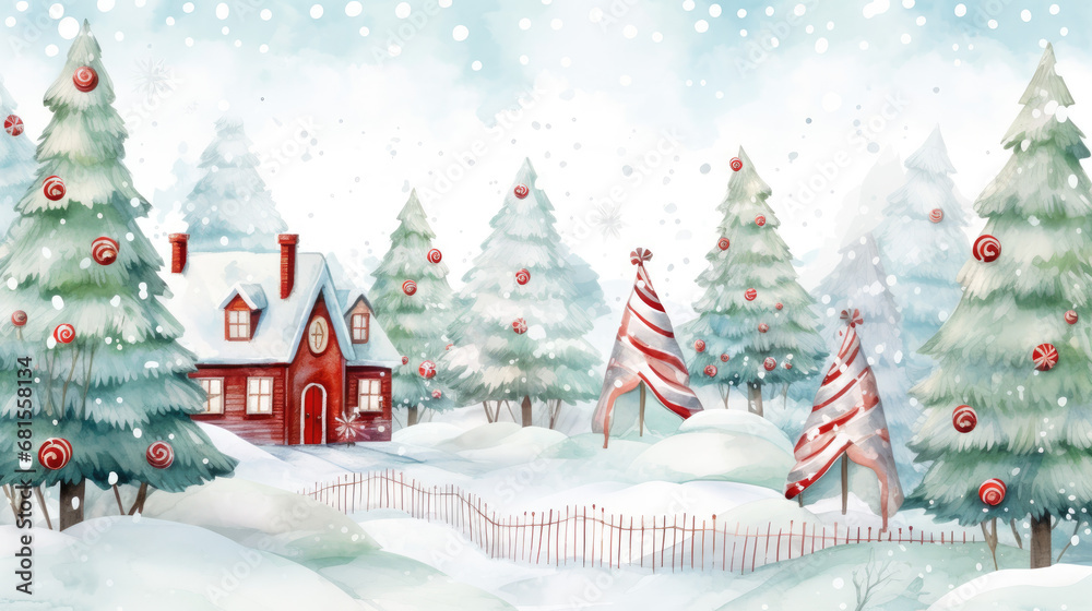 Winter fantasy snow scene - christmas tree in the snow. Peppermint colors, watercolor illustration Winter fantasy snow scene - christmas tree in the snow. Peppermint colors, watercolor illustration