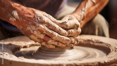 A close-up of a pottera??s hands shaping wet clay on a pottery wheel, capturing the spinning texture.