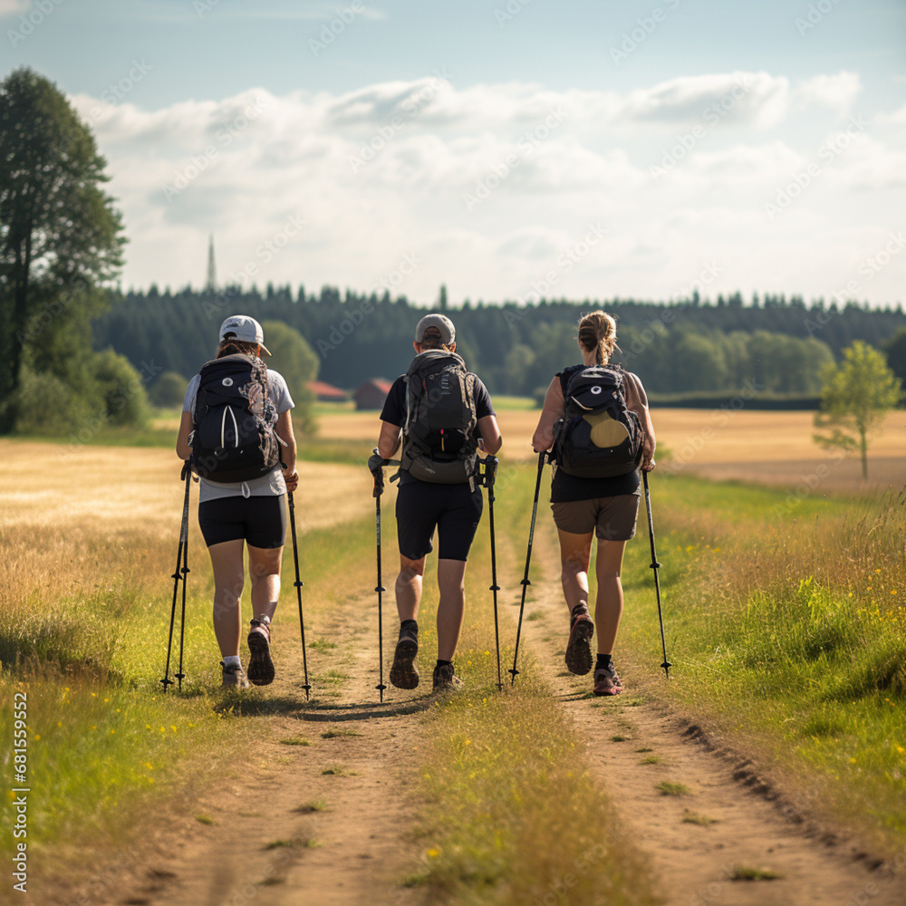 Fototapeta premium Friends doing nordic walking.