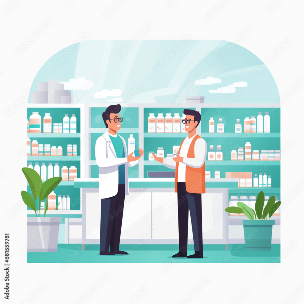 Customer and pharmacist in the pharmacy. Customer and pharmacist in the pharmacy.
