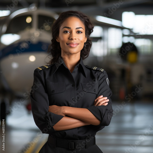 Black Female airplane pilot in an airport.