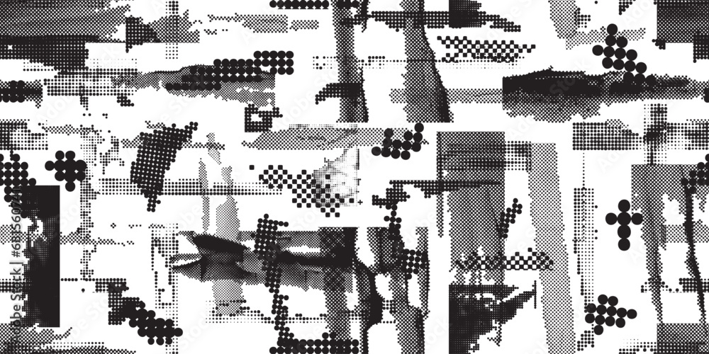 Glitch distorted grungy abstract forms . Halftone dots seamless pattern texture. Grange shapes .Grunge textured . Vector shapes with half tone dots .Screen print endless pattern texture - obrazy, fototapety, plakaty 