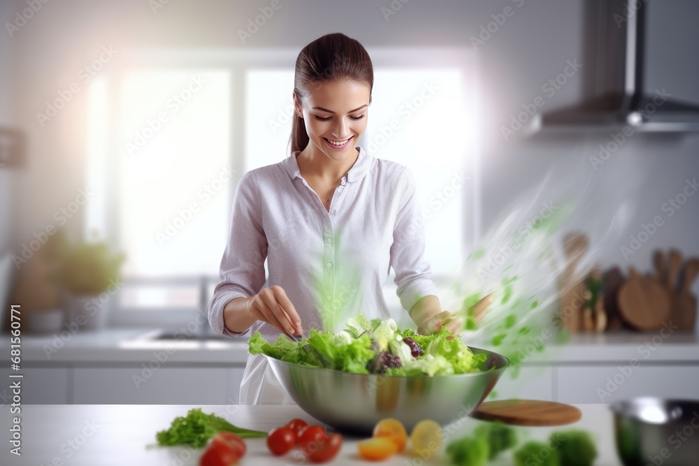 Beautiful positive girl prepares a delicious, healthy dish Beautiful positive girl prepares a delicious, healthy dish