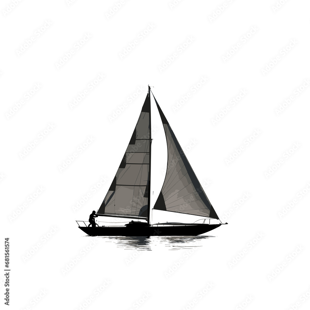 Black and white illustration of a sailboat on the se
