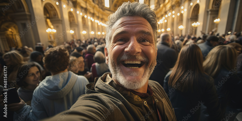 Happy man taking selfie at the Vatican crowded people. Concept of Cultural exploration through photography, joy of travel and exploration, capturing memories at iconic landmarks.