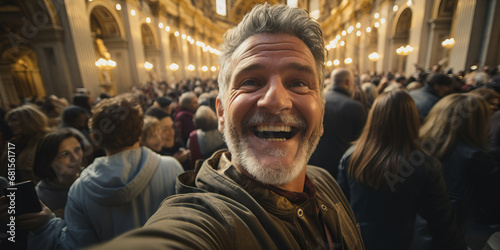 Happy man taking selfie at the Vatican crowded people. Concept of Cultural exploration through photography, joy of travel and exploration, capturing memories at iconic landmarks. © Lila Patel