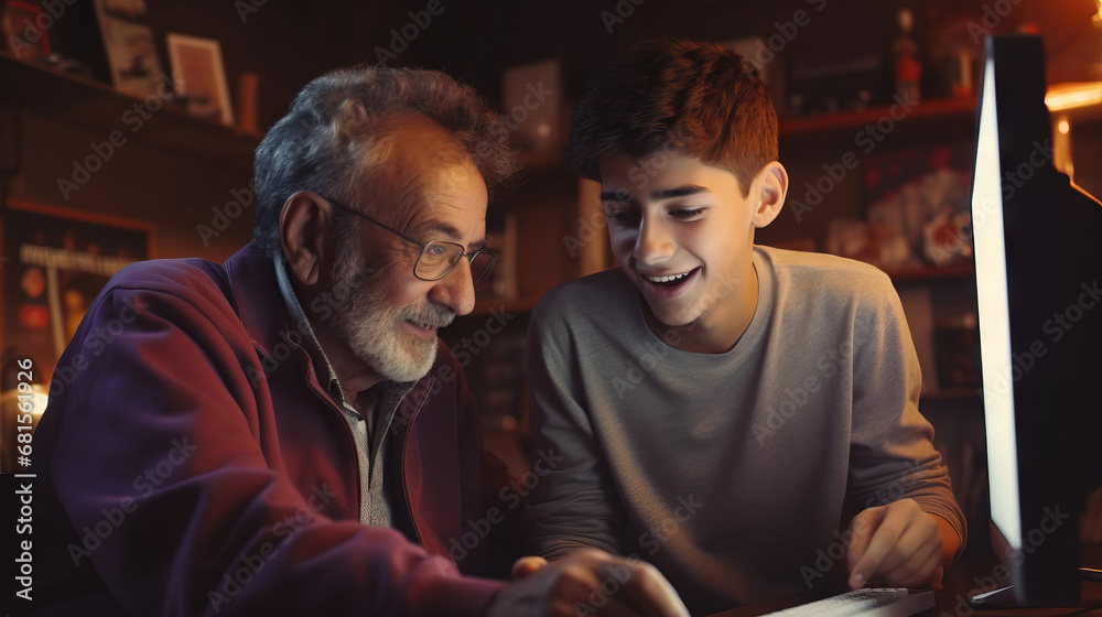 Teen boy teaching grandfather how to use the computer. Concept of Intergenerational tech education, bridging the digital divide, teaching seniors technology. Teen boy teaching grandfather how to use the computer. Concept of Intergenerational tech education, bridging the digital divide, teaching seniors technology.