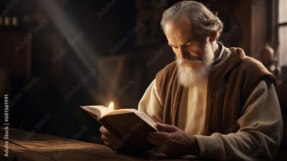 Older man reading the bibles book in robes. Spiritual reflection, religious devotion, biblical study, contemplative reading, devout scripture reading. Older man reading the bibles book in robes. Spiritual reflection, religious devotion, biblical study, contemplative reading, devout scripture reading.