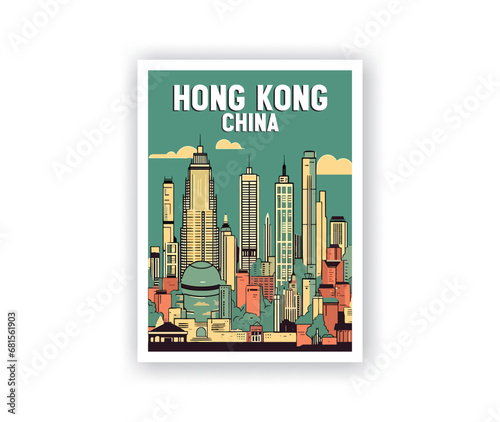 Hong Kong, China Illustration Art. Travel Poster Wall Art. Minimalist Vector art.