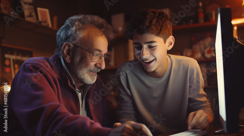 Teen boy teaching grandfather how to use the computer. Concept of Intergenerational tech education, bridging the digital divide, teaching seniors technology.