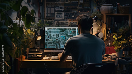 Man working in den with computer and plants. Workspace cozy. Concept of Cozy home office, indoor greenery, plant-filled workspace, tranquil work environment, nature-inspired office.
