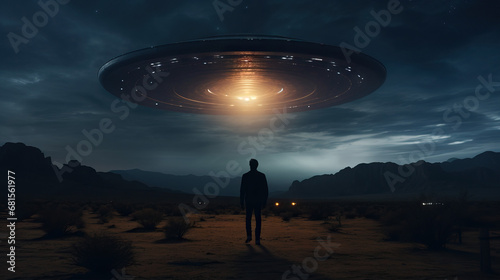 Person standing underneath UFO in desert. Concept of UFO sighting in the desert, extraterrestrial encounters, mysterious aerial phenomenon, unidentified flying object, stargazing. © Lila Patel