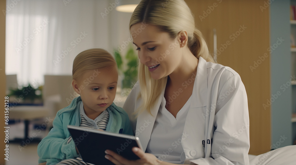 Doctor woman showing young toddler girl information on tablet in hospital. Concept of Healthcare consultation, doctor-patient conversation, medical advice, healthcare choices, patient care options. Doctor woman showing young toddler girl information on tablet in hospital. Concept of Healthcare consultation, doctor-patient conversation, medical advice, healthcare choices, patient care options.