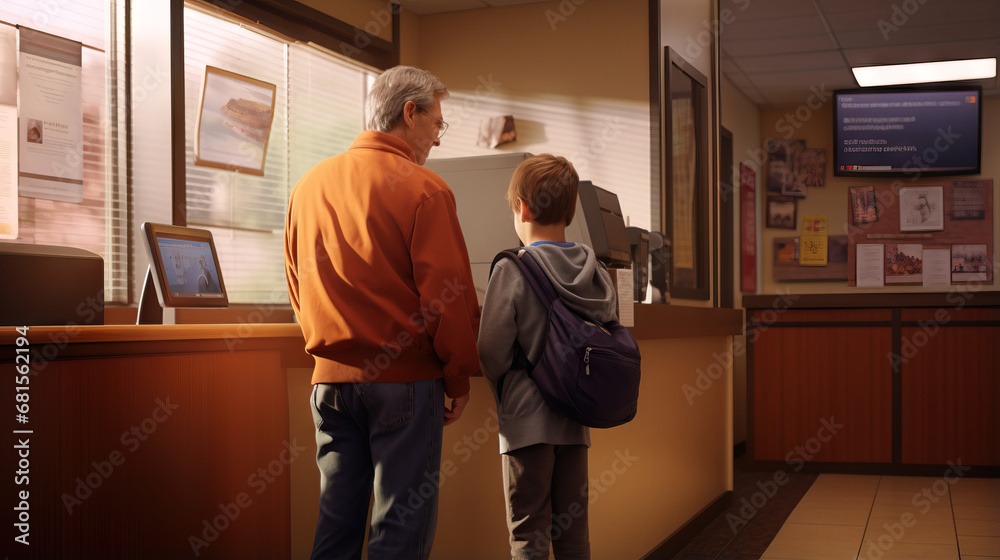 Grandfather and grandson at doctors office waiting room. Concept of Family healthcare visit, intergenerational care, medical appointment together, bonding time.