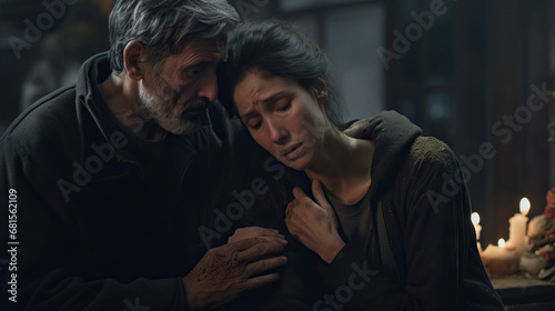 Parents crying mourning the loss of a child dark and moody. Concept of Funeral ceremony, family support, cultural traditions, grieving process, solemn atmosphere, church service, communal mourning.