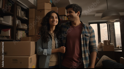 Indian couple happy moving into new home with lots of boxes stacked. Concept of New beginnings, moving day, relocation, happy couple, unpacking boxes, settling in.