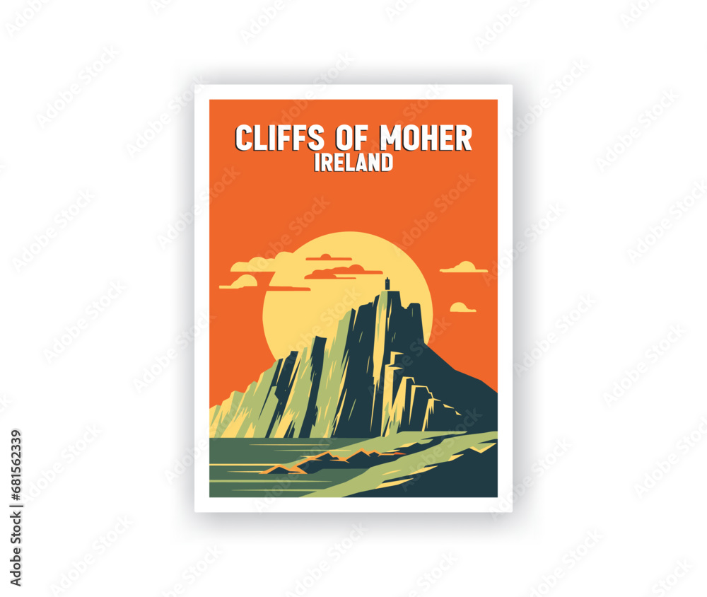 Cliffs Of Moher, Ireland Illustration Art. Travel Poster Wall Art. Minimalist Vector art.