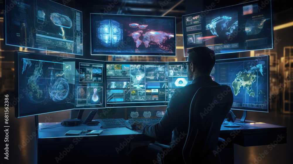 Man sitting in chair at futuristic work station. Computer screens and data technology. Concept of Futuristic workspace, advanced technology, modern office setup, high-tech environment, innovative work Man sitting in chair at futuristic work station. Computer screens and data technology. Concept of Futuristic workspace, advanced technology, modern office setup, high-tech environment, innovative work