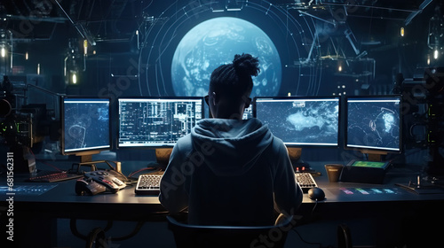 Female hacker working on multiple computer screens. Blue data. Concept of Technology professional, multitasking, data analysis, tech-savvy worker, computer screens, information processing. photo